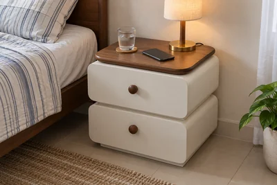 Wood-top bedside cabinet arranged with a small lamp, phone and water glass