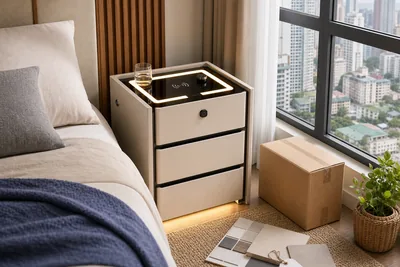 Smart bedside table in Philippine condo bedroom with packaging and reorder planning cues