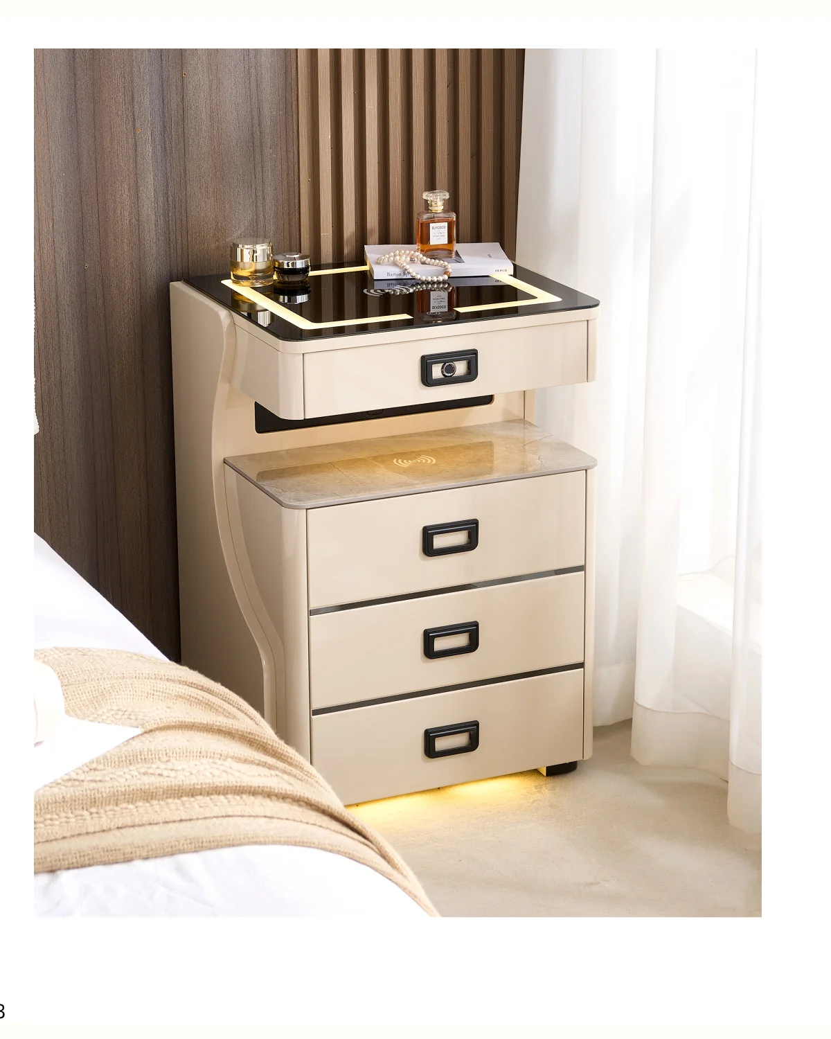 Cream four-drawer bedside cabinet