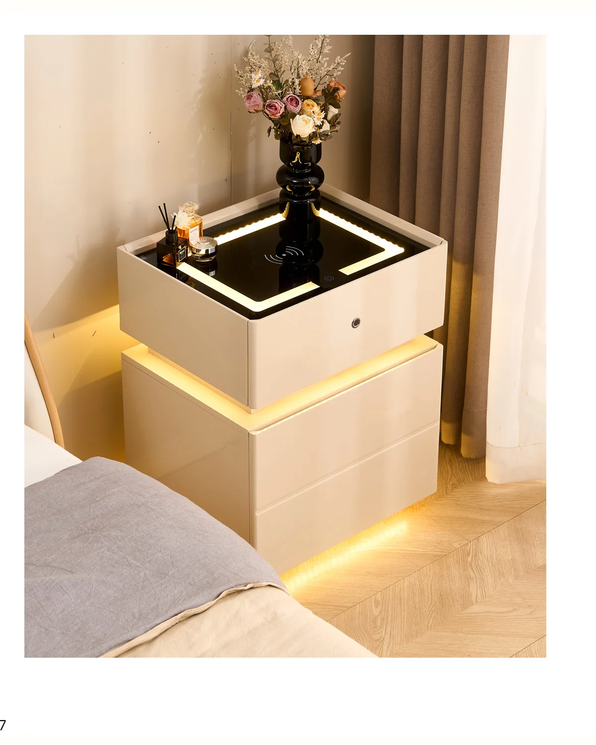 Two-drawer smart nightstand with light strip